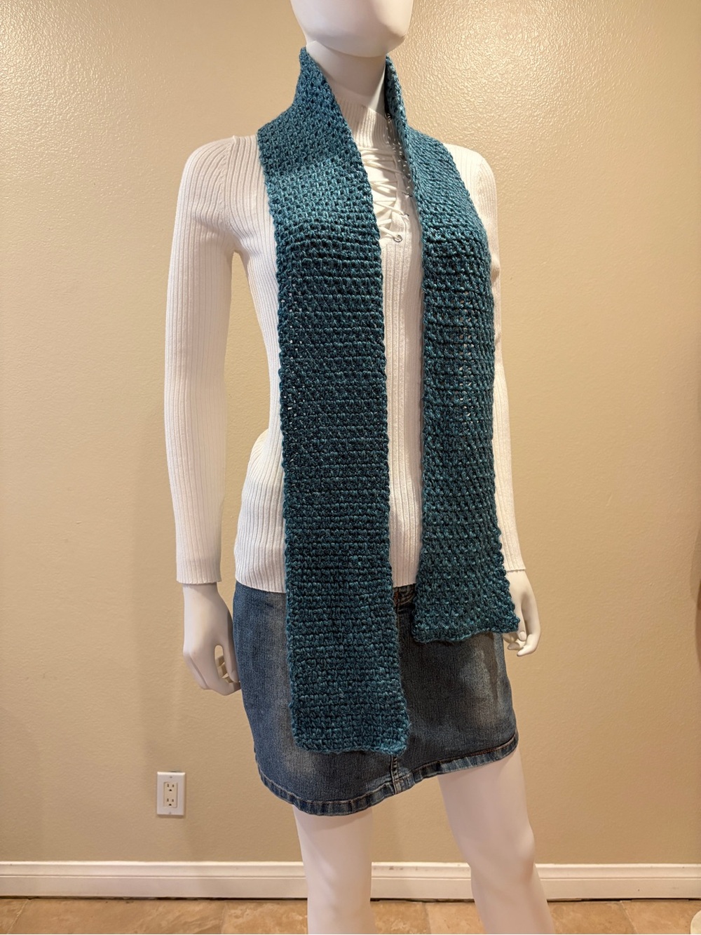 Handmade Crochet Knit Teal Blue Scarf Soft Acrylic Festival Accessory
